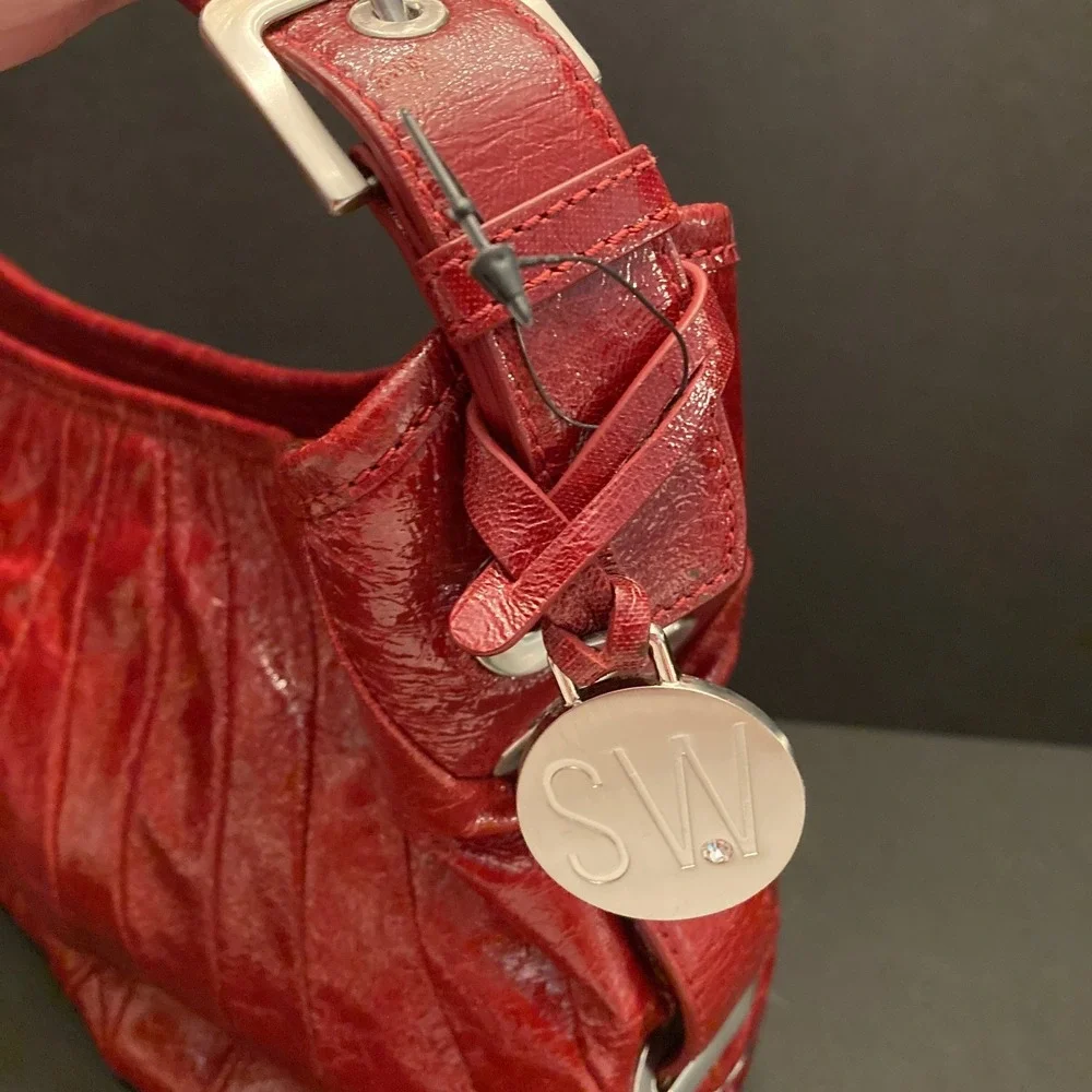 Stuart Weitzman Cala Medium‎ Bucket Bag Purse Claret Red Glass Patent Leather